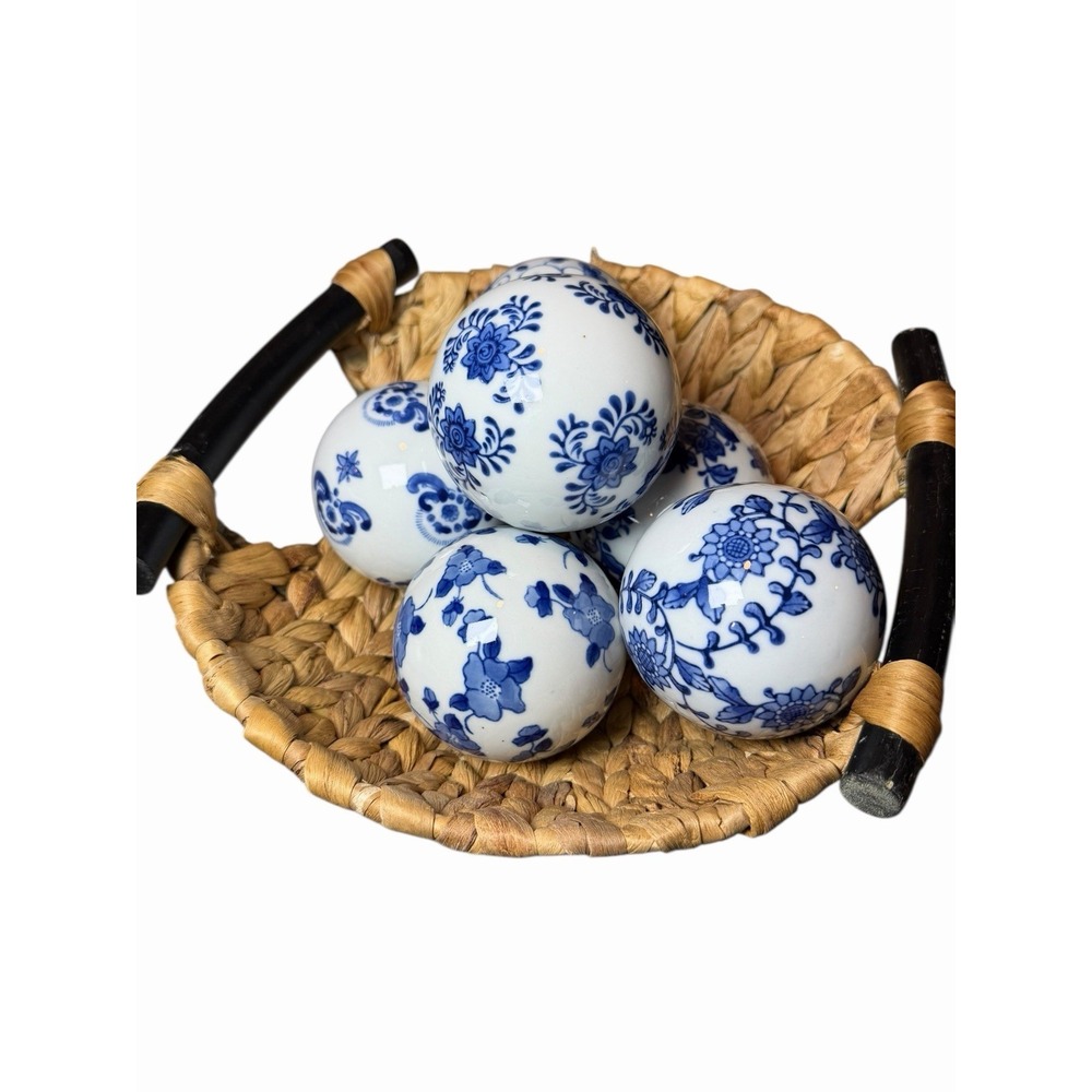 6 Porcelain‎ Carpet Balls 3.25" Blue White Chinoiserie Country Mid Century